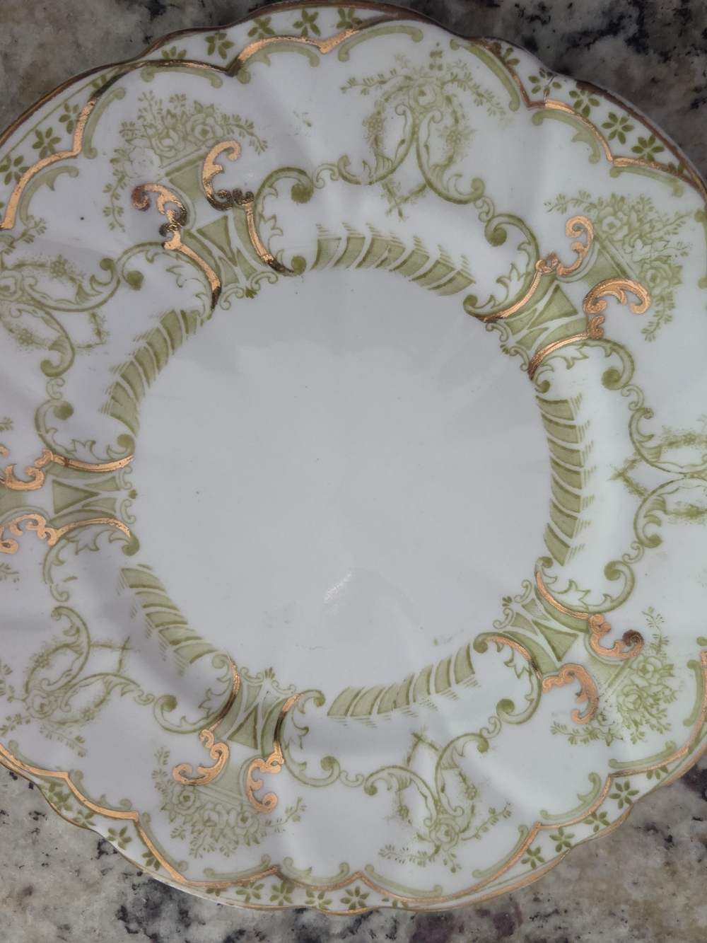 Classic White Porcelain Small Plate with Green Scrollwork and Gold Trim